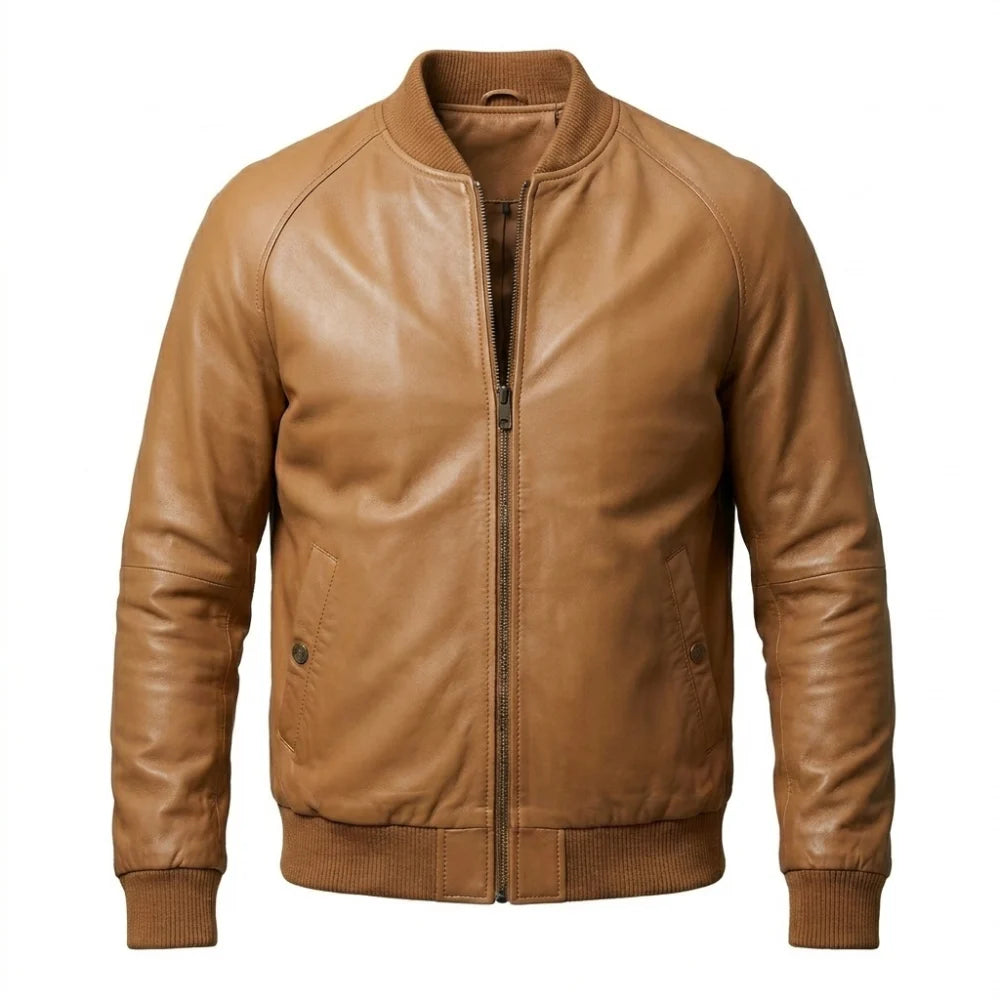 Buy casual tan brown leather bomber jacket