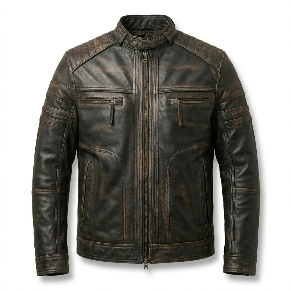 Buy distressed brown biker leather jacket for men