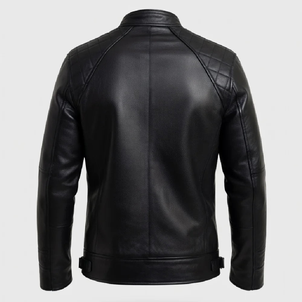 Buy men black leather biker jacket quilted shoulders