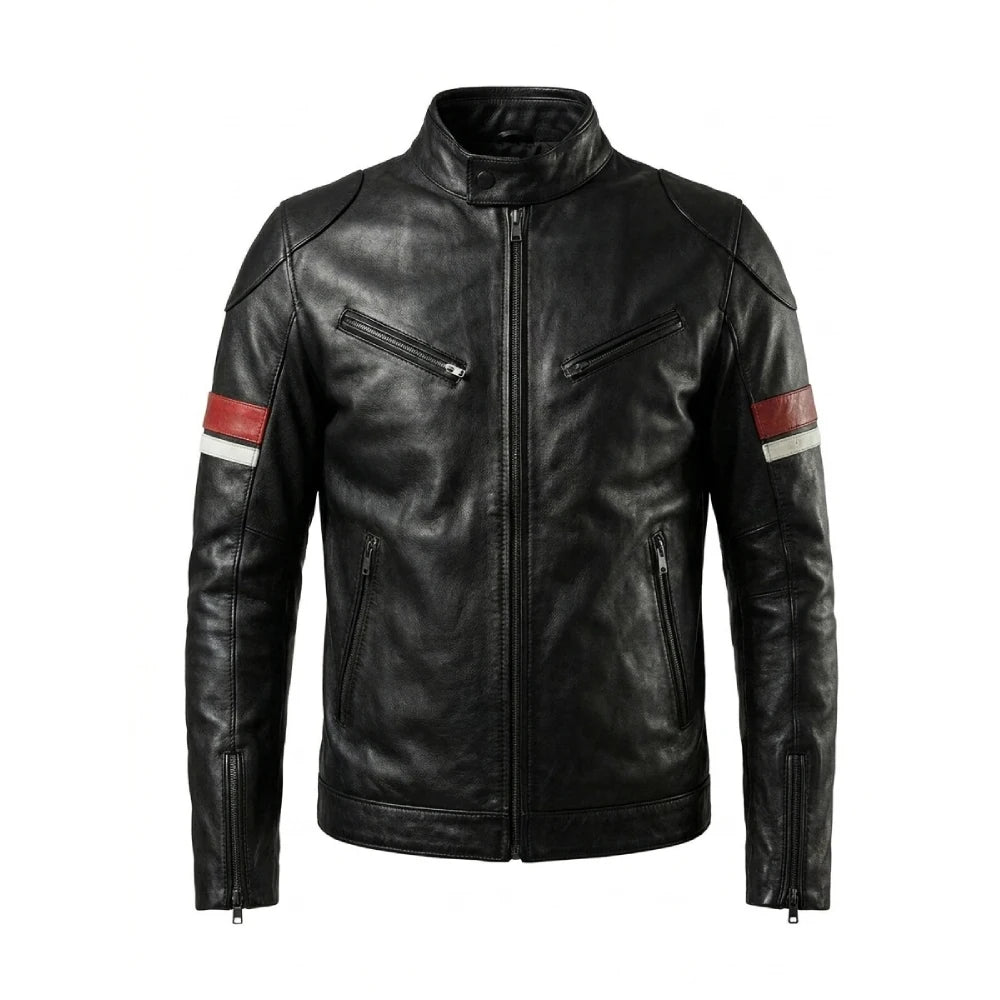 Buy mens black biker leather jacket red stripes