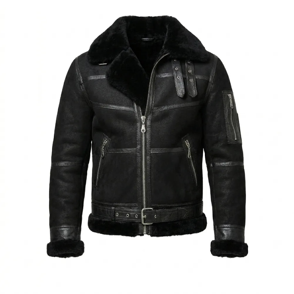Buy mens black leather shearling aviator jacket