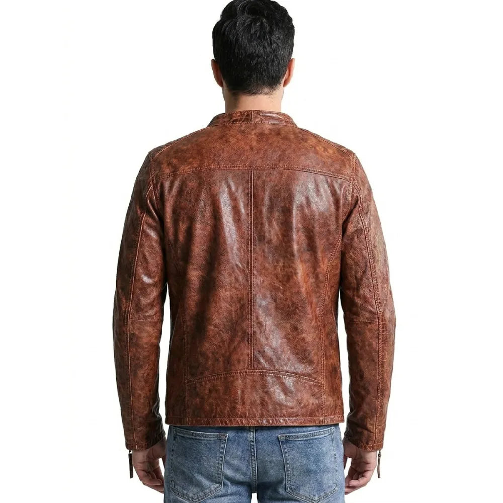 Buy mens distressed brown leather biker jacket slim
