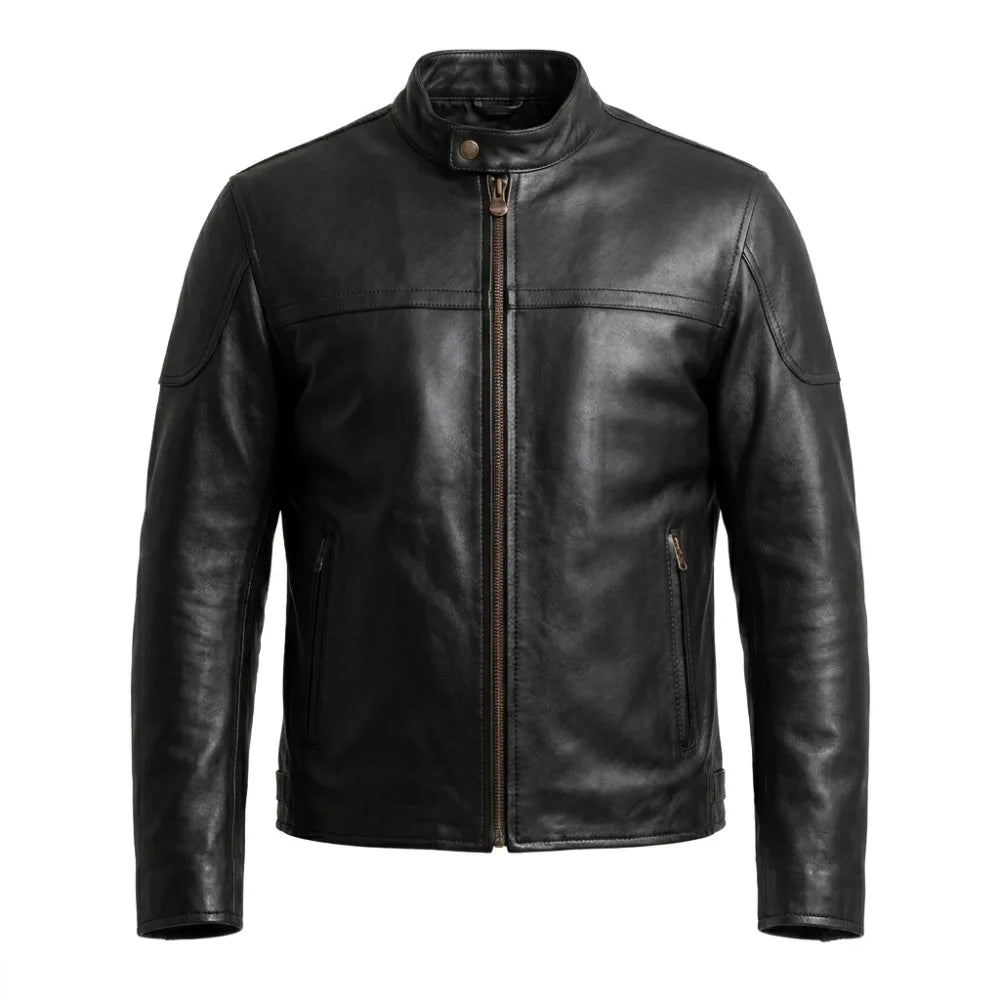 Buy mens snap tab collar motorcycle leather jacket