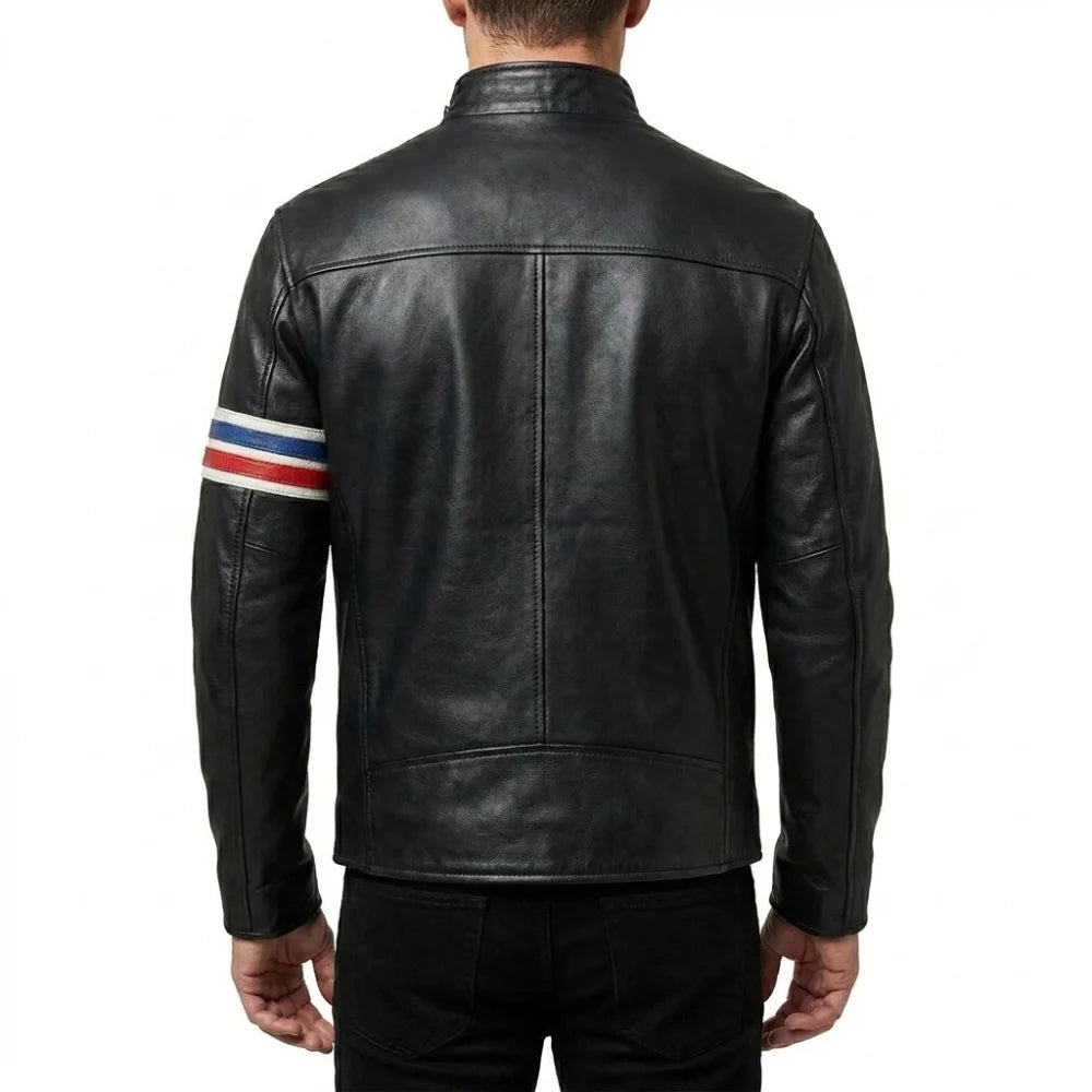 Buy mens striped black leather biker jacket