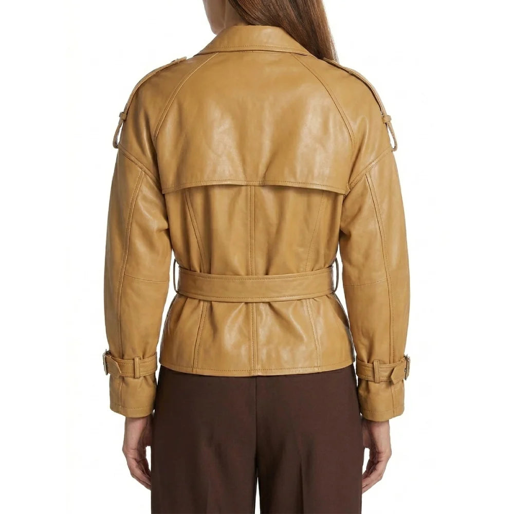Buy women tan belted leather jacket shirt collar