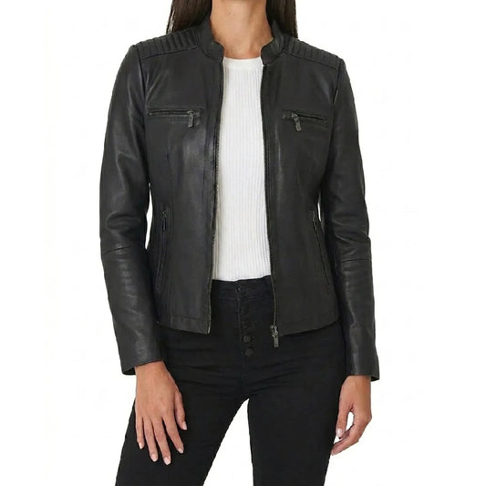 Buy womens black biker leather jacket