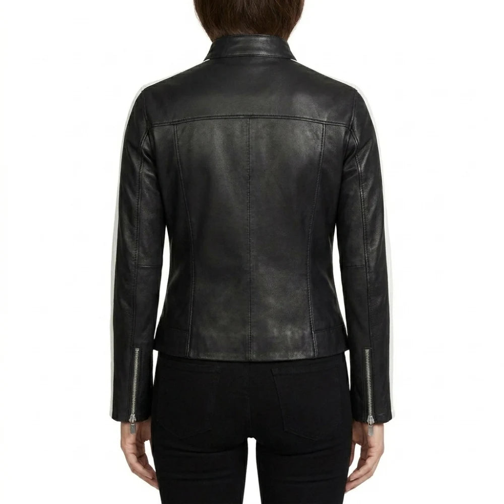 Buy womens black leather jacket white stripe