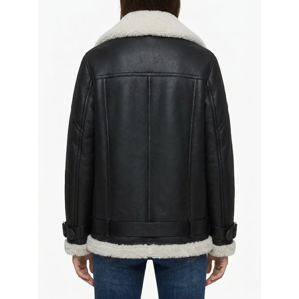 Buy womens black shearling leather biker jacket