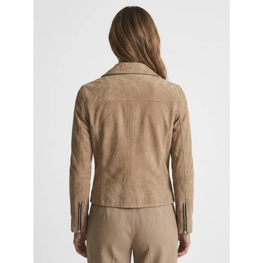 Buy womens tan suede biker jacket asymmetric style