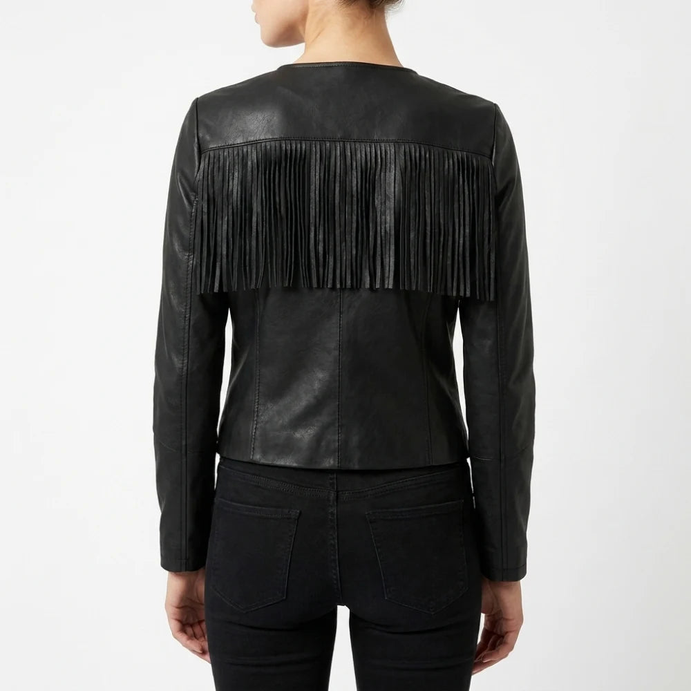 Buy womens western style black leather fringe jacket