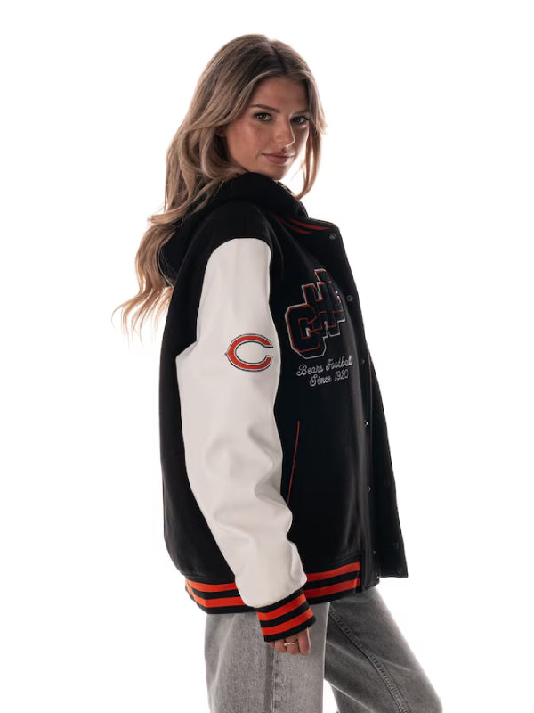 Chicago-Bears-The-Wild-Collective-Black-Hooded-Varsity-Jacket