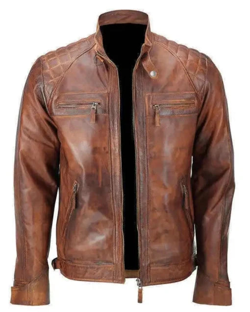 Classic Diamond Brown Distressed Leather Jacket