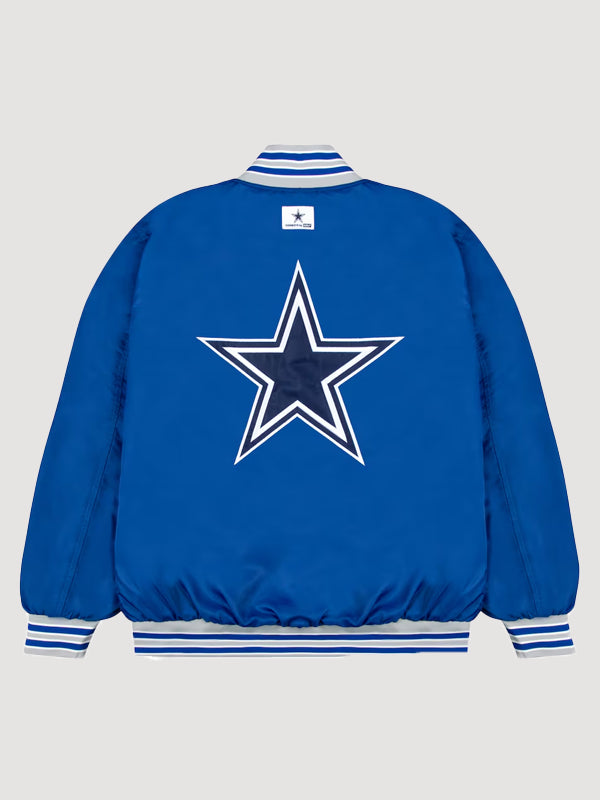 Dallas-Cowboys-GOLF-WANG-Satin-Full-Snap-Blue-Bomber-Jacket