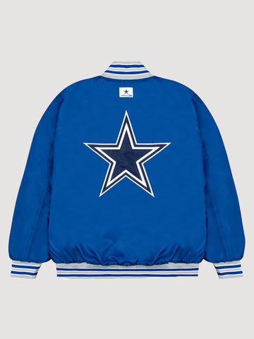 Dallas-Cowboys-GOLF-WANG-Satin-Full-Snap-Blue-Bomber-Jacket