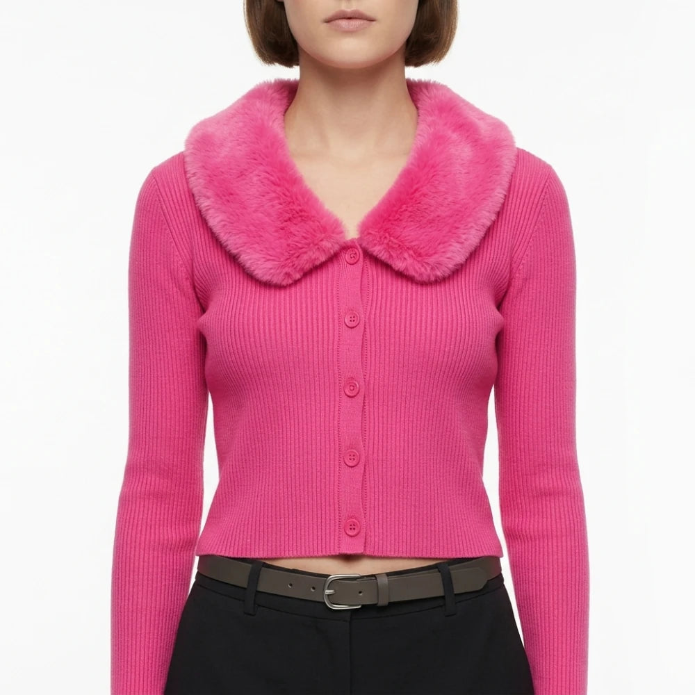 Elle 2026 Lexi Minetree Pink Fur Collar Cardigan