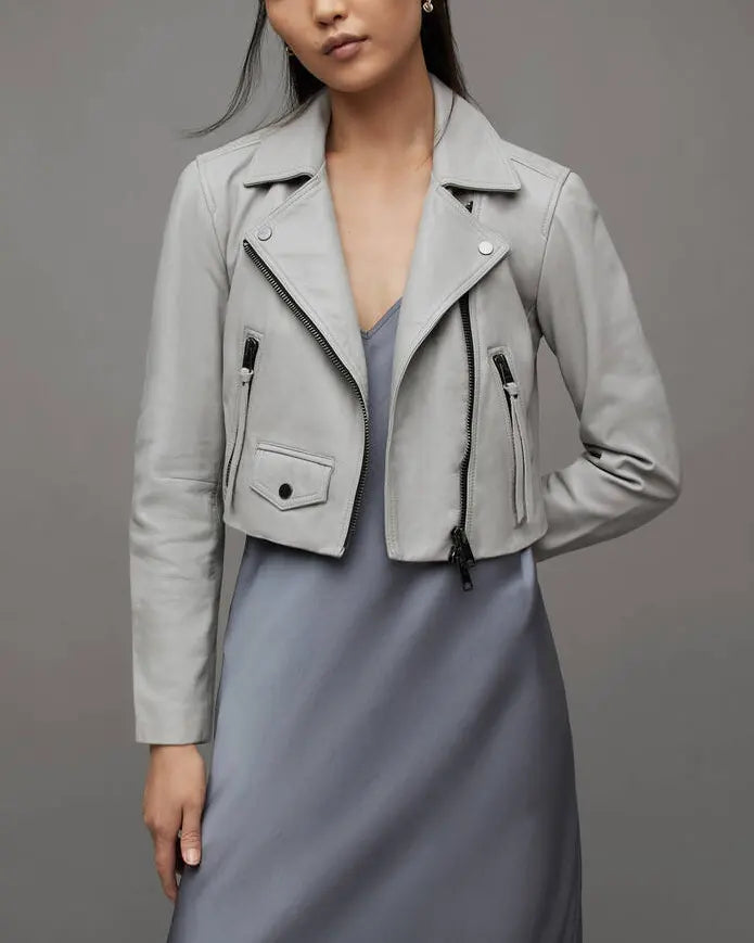 All Saints Elora Grey Cropped Leather Biker Jacket