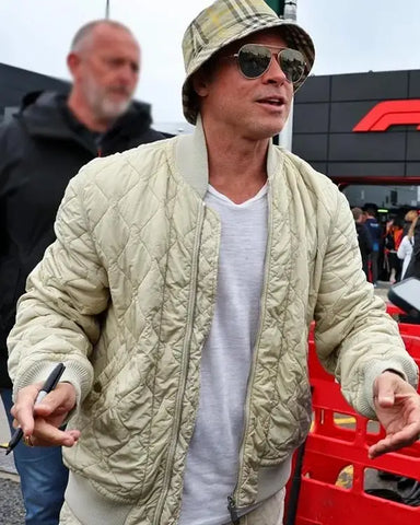 F1 2025 Brad Pitt Quilted White Bomber Jacket