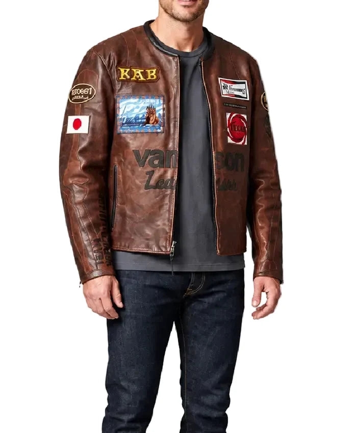 FAF x Vanson Brown Real Leather Jacket front view