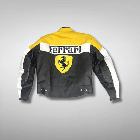 Ferrari Black And Yellow Leather Motorcycle Jacket