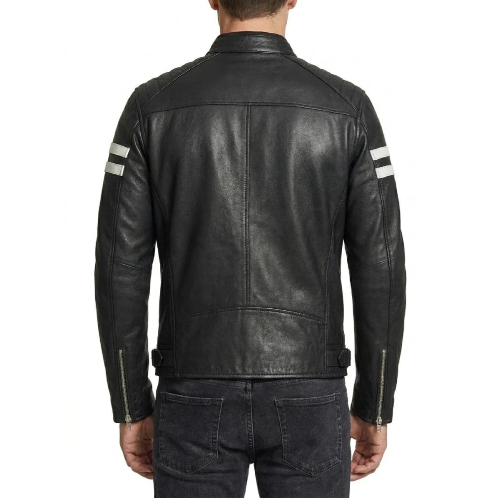 Get black padded leather motorcycle jacket mens