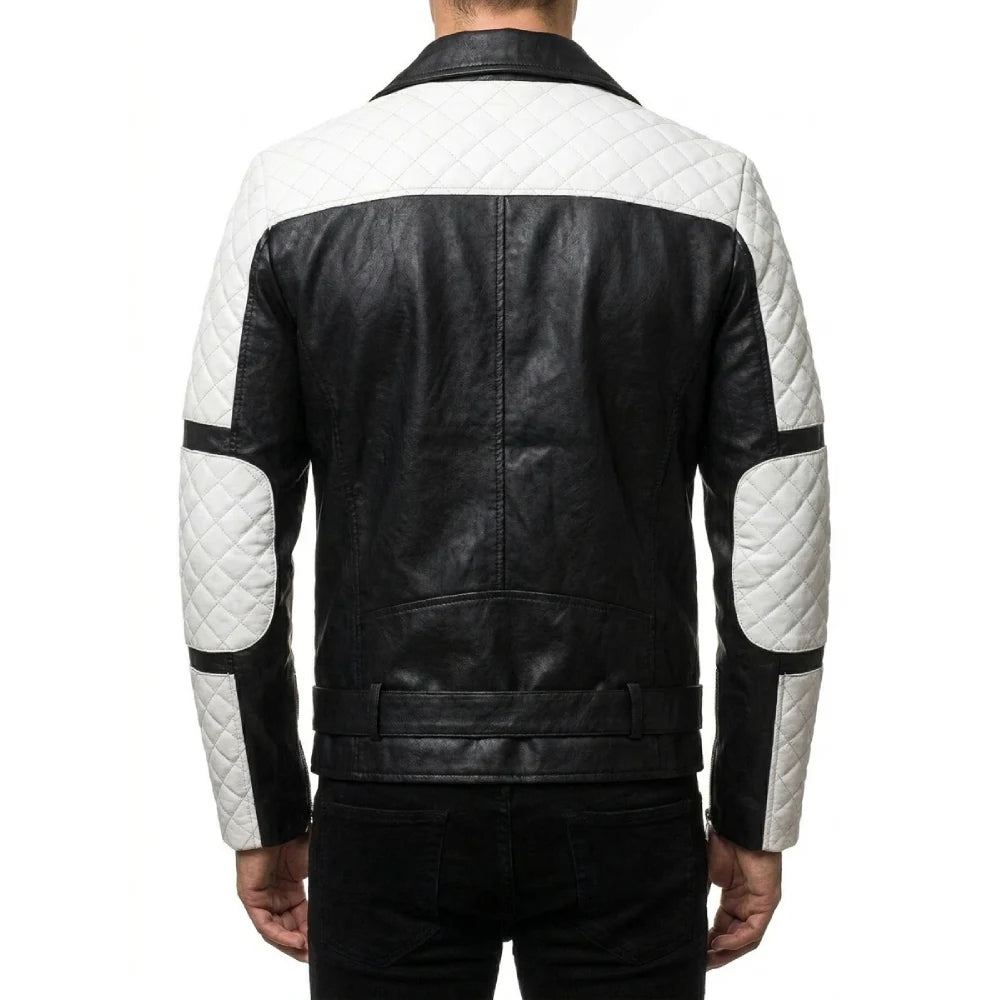 Get black white biker leather jacket for men