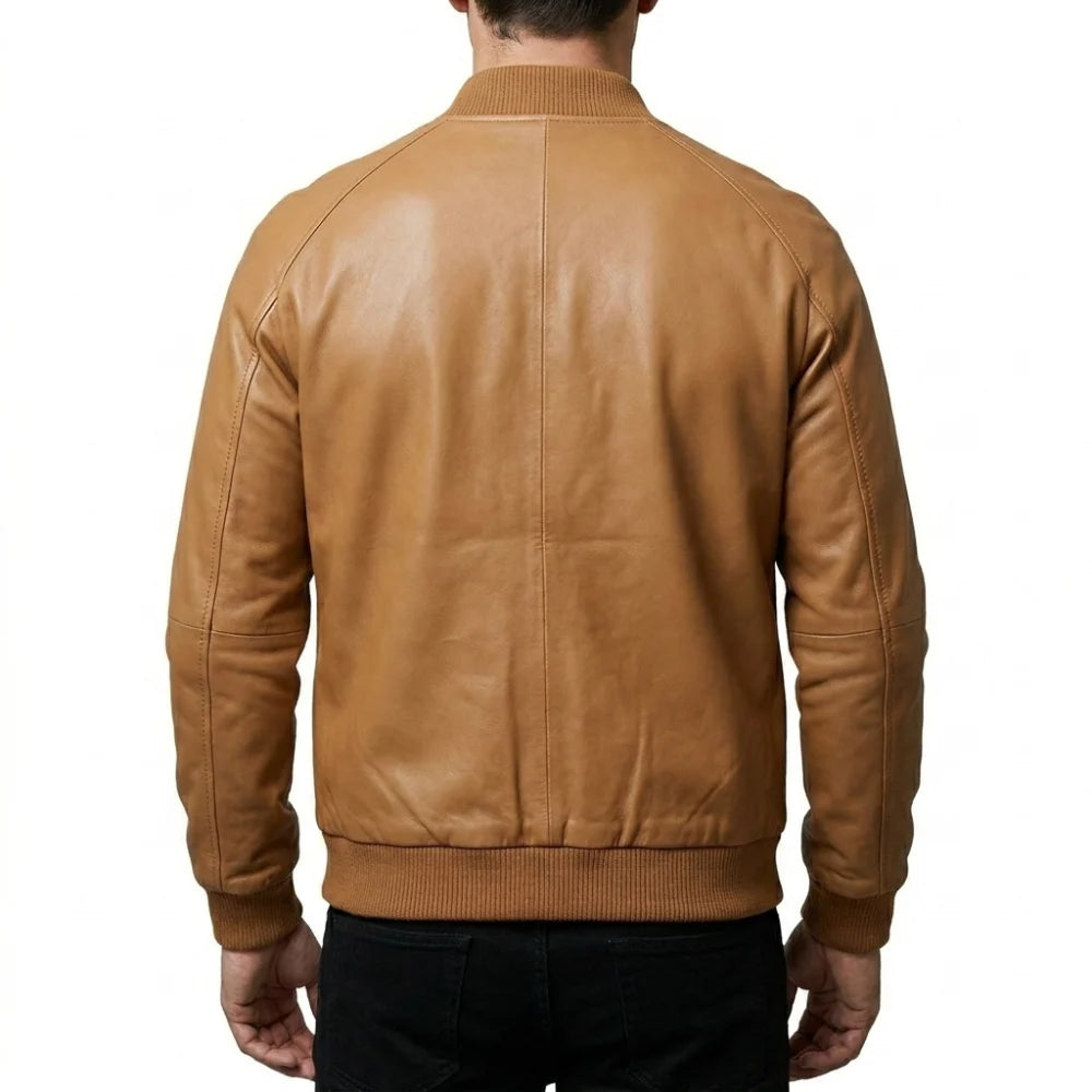Get casual tan brown leather bomber jacket