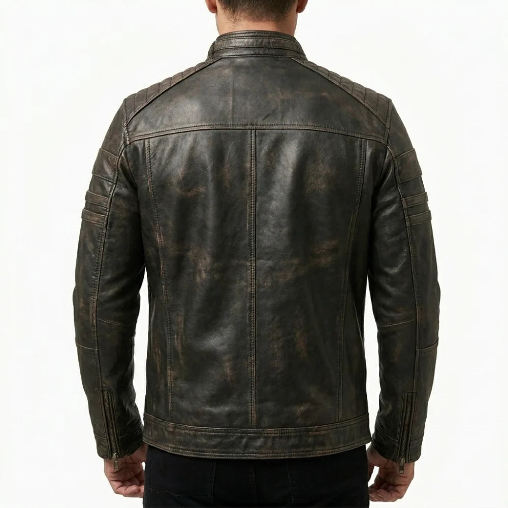 Get distressed brown biker leather jacket for men