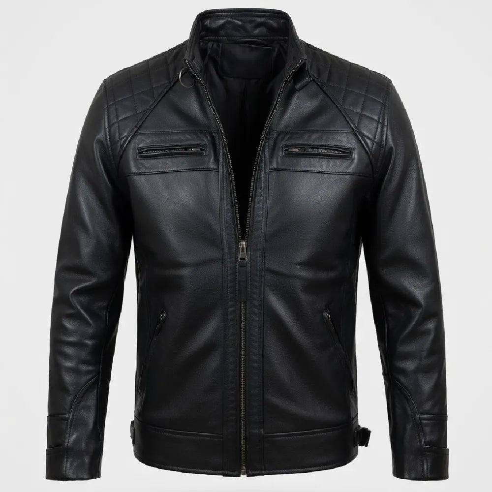 Get men black leather biker jacket quilted shoulders