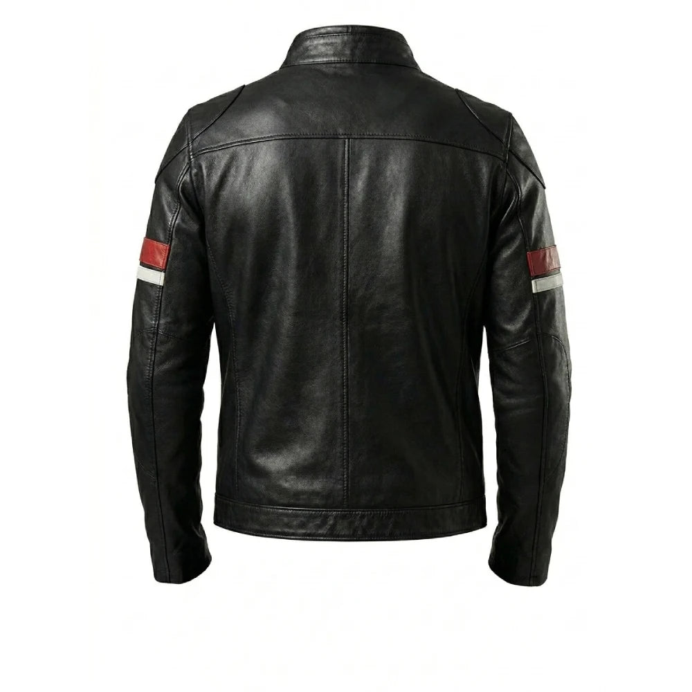 Get mens black biker leather jacket red stripes