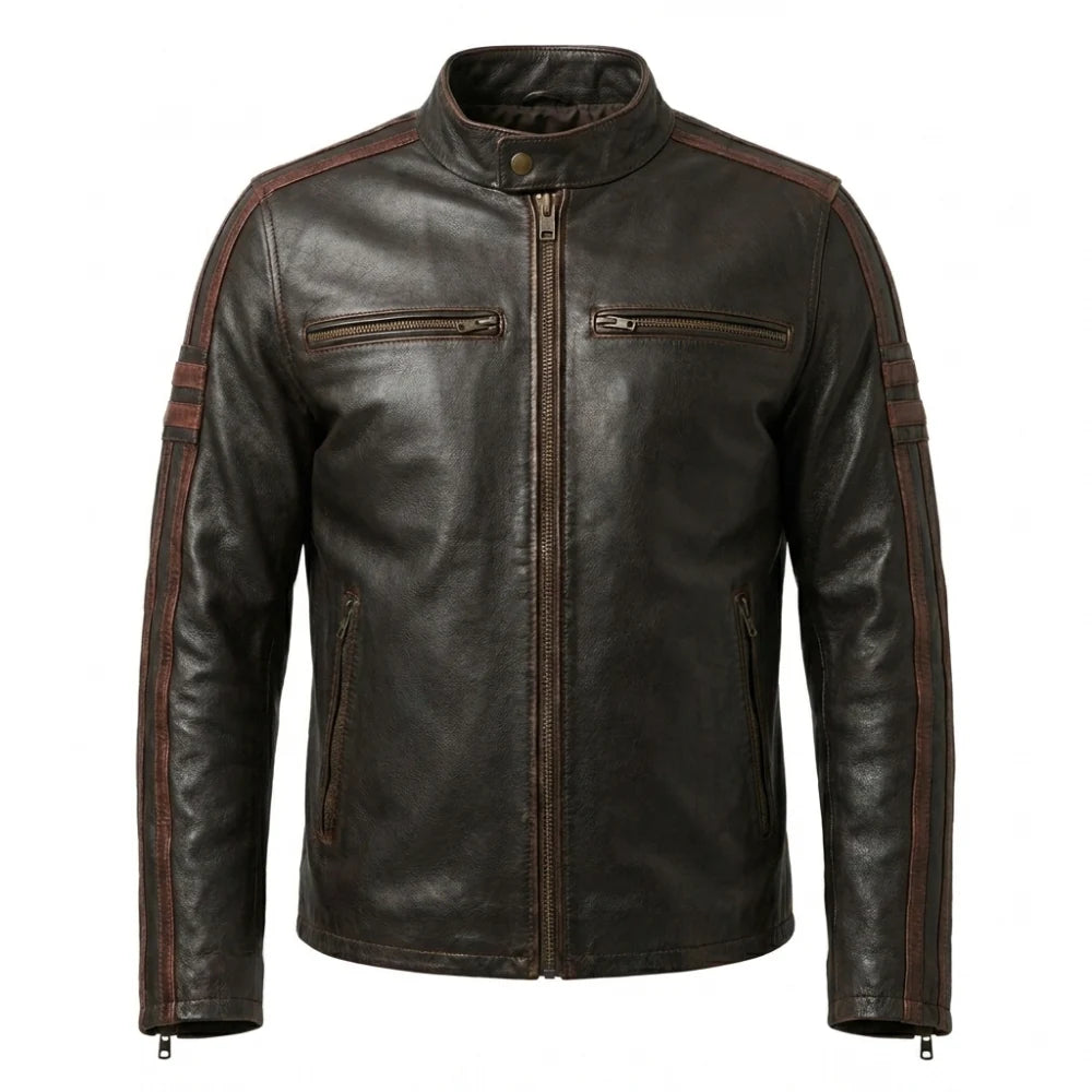 Get mens black cafe racer leather jacket stripe
