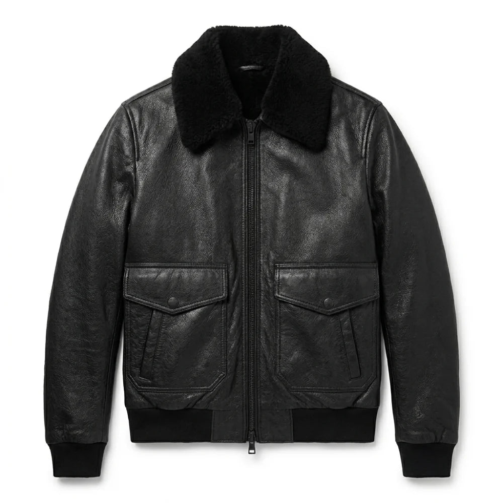 Get mens black leather bomber jacket fur collar