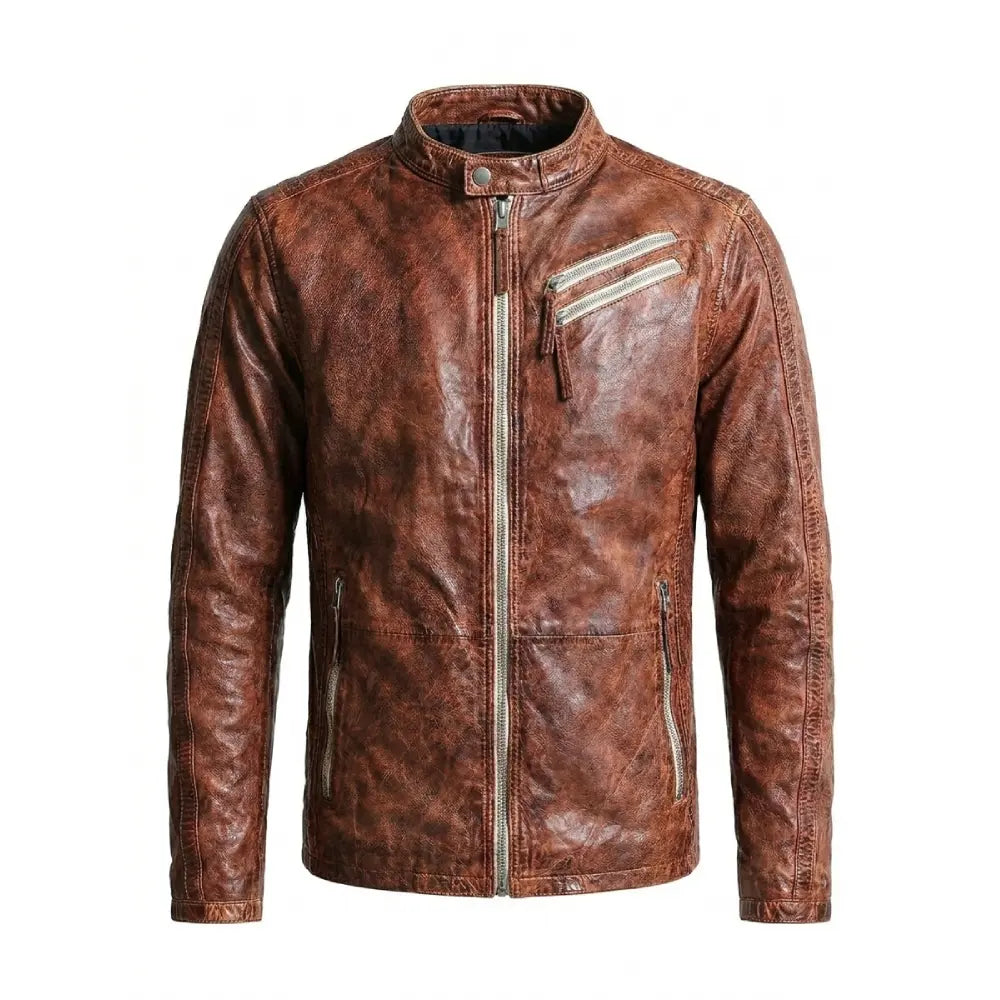 Get mens distressed brown leather biker jacket slim