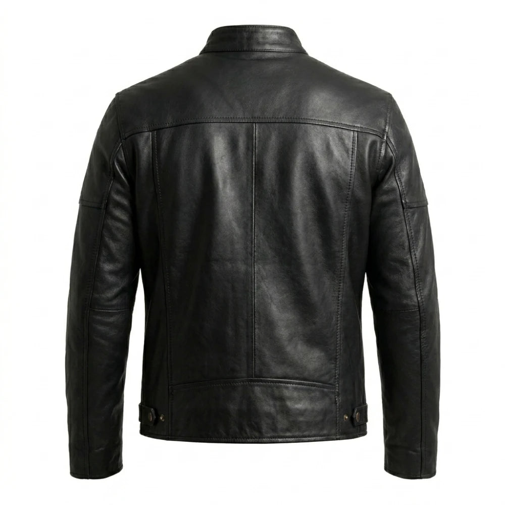 Get mens snap tab collar motorcycle leather jacket