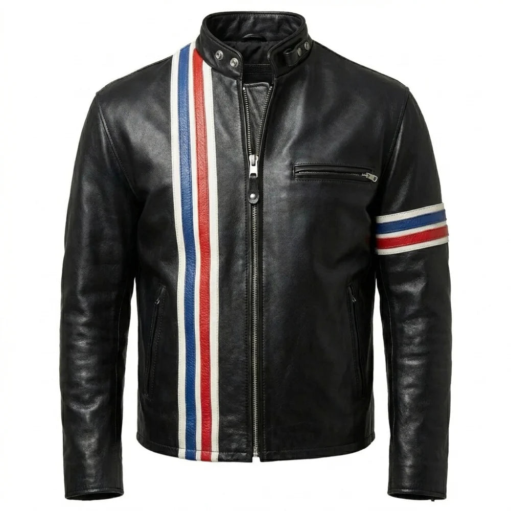 Get mens striped black leather biker jacket