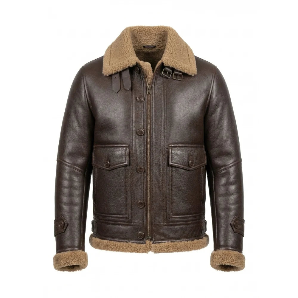 Get shearling brown real leather jacket mens