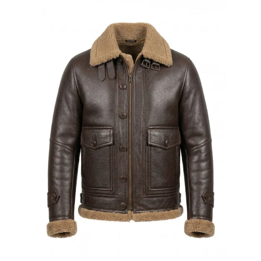 Get shearling brown real leather jacket mens