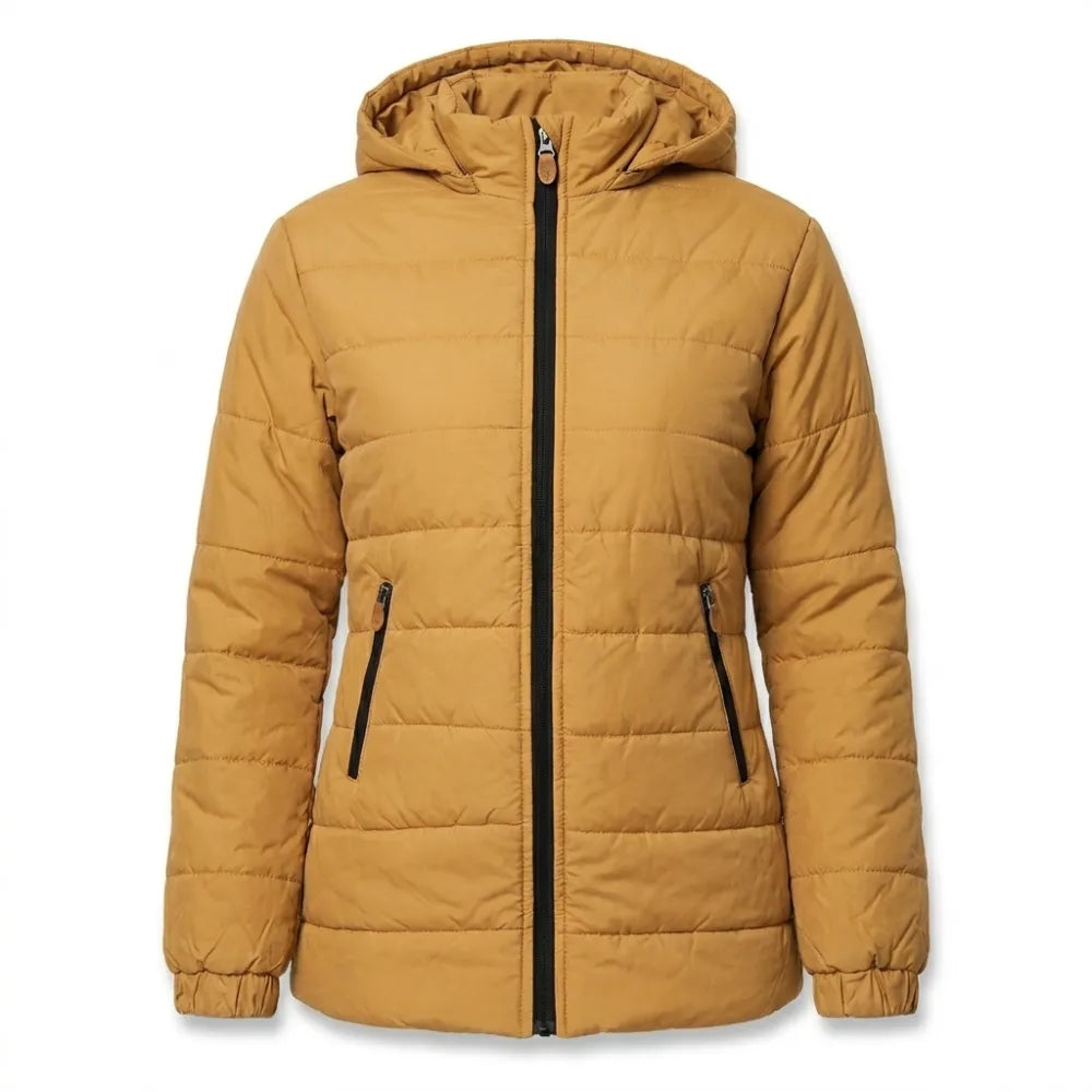 Get women mustard hooded puffer jacket winter