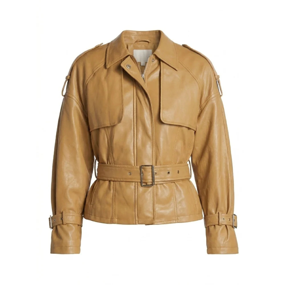Get women tan belted leather jacket shirt collar