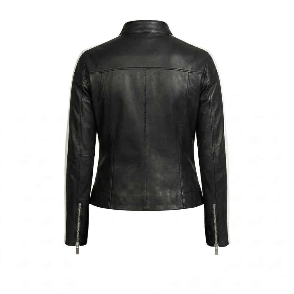Get womens black leather jacket white stripe