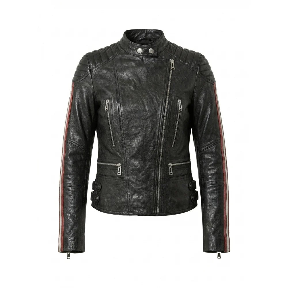 Get womens black leather quilted striped sleeves jacket