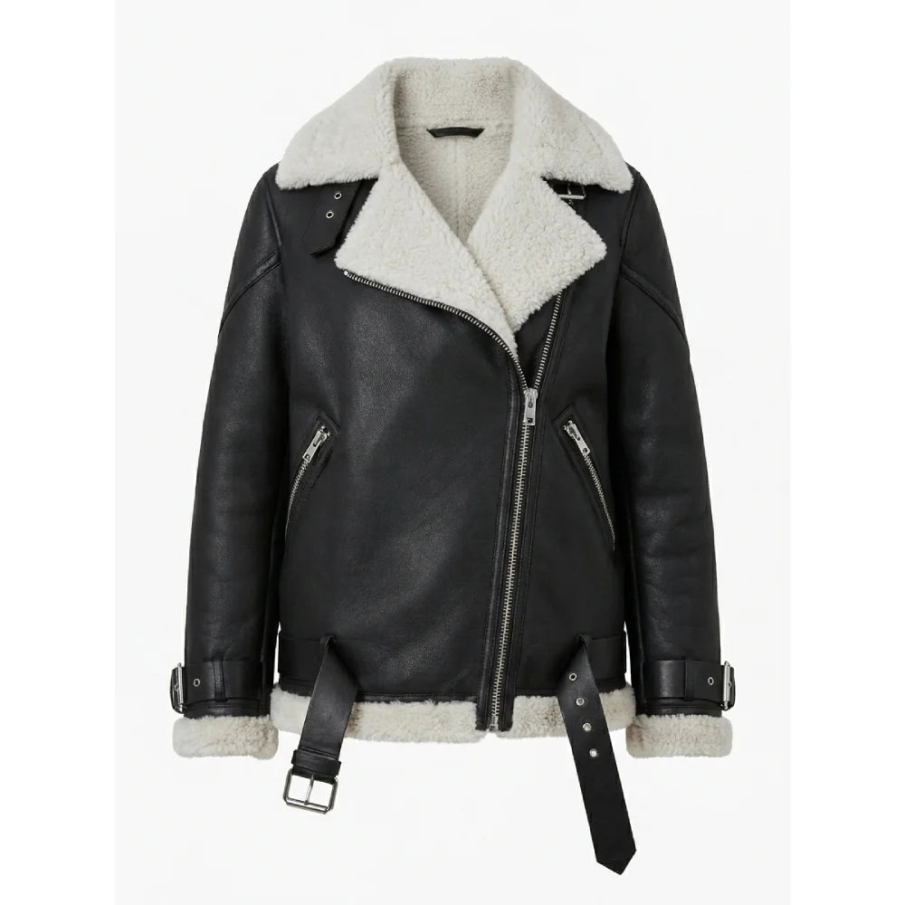 Get womens black shearling leather biker jacket