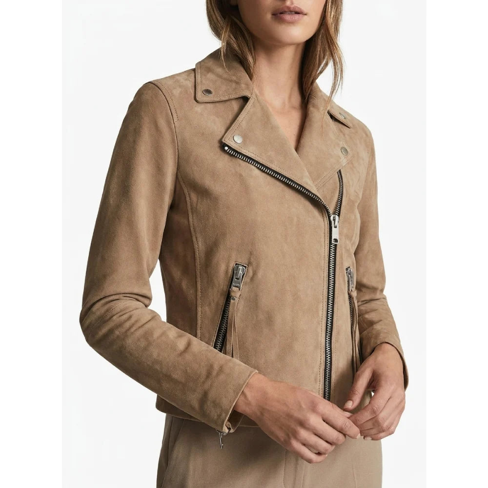 Get womens tan suede biker jacket asymmetric style