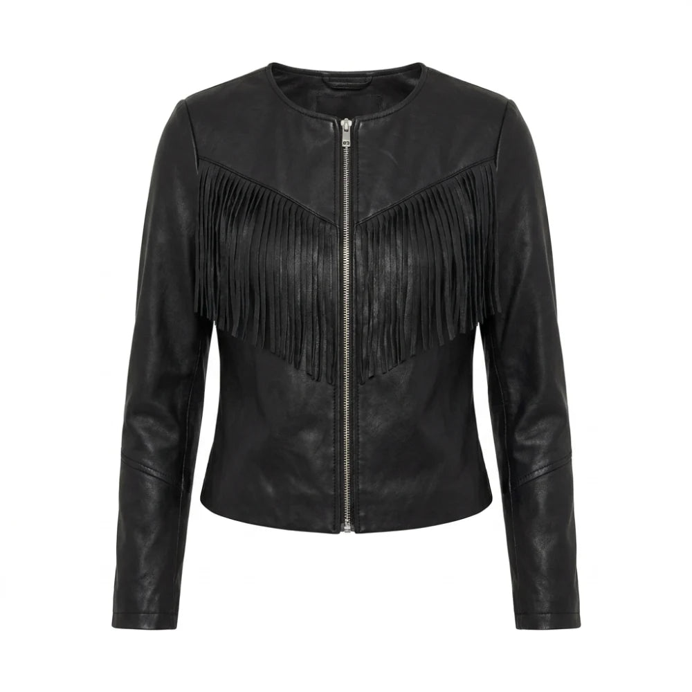 Get womens western style black leather fringe jacket