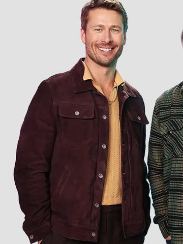 Glen Powell Hit Man 2024 Maroon Suede Leather Jacket