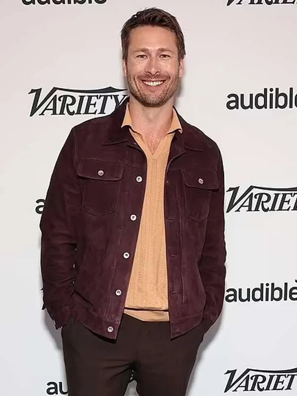 Glen Powell Hit Man 2024 Maroon Suede Jacket