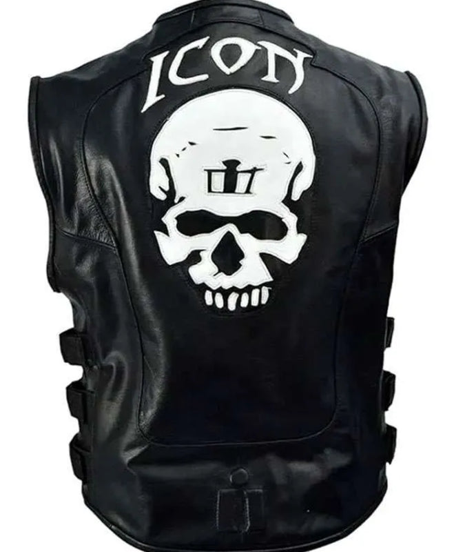 Skull Icon Black Leather Vest