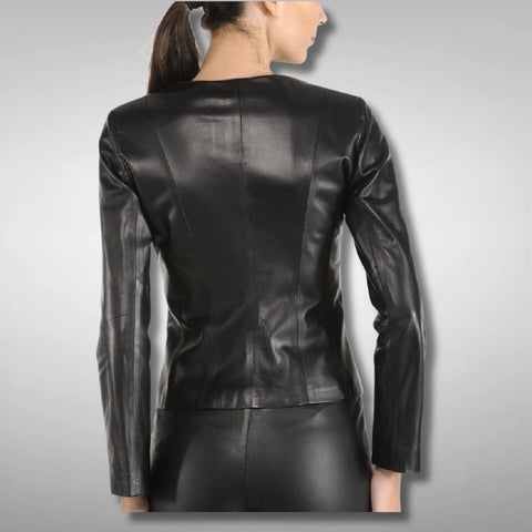 Black collarless Leather jacket