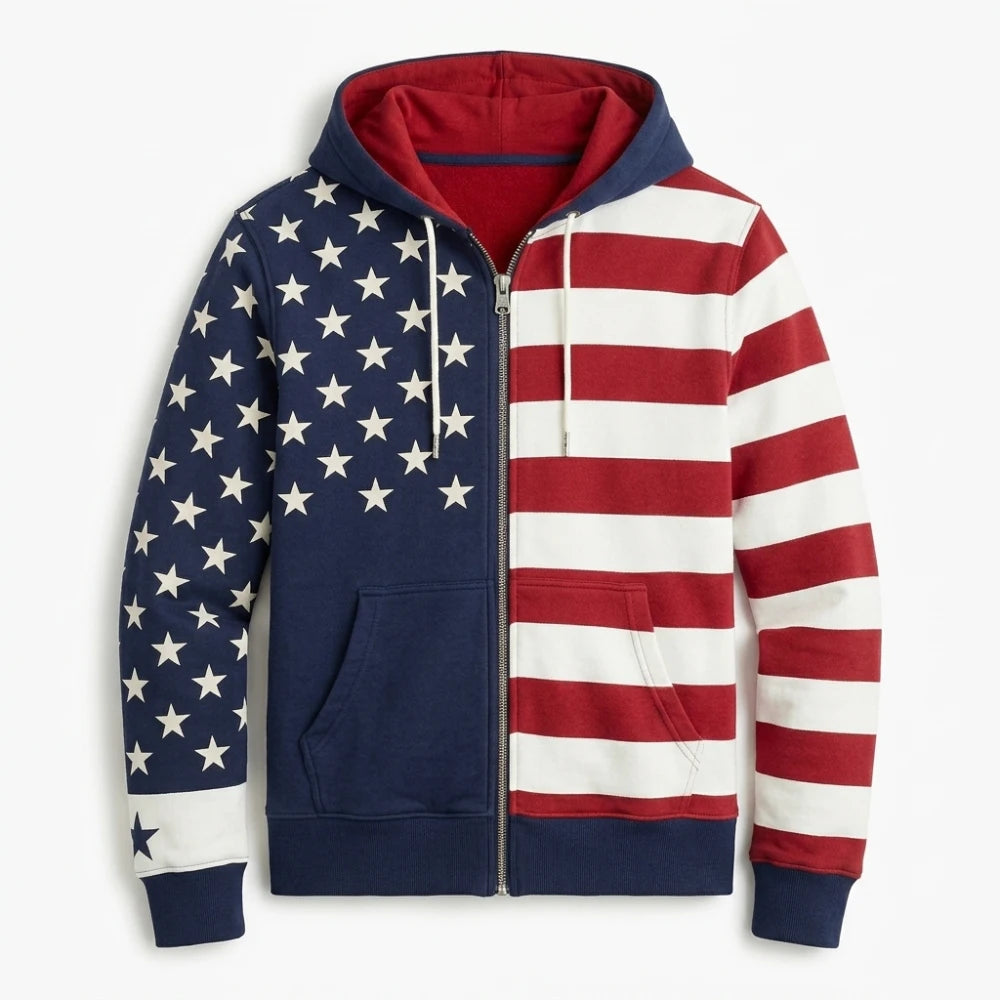 USA Patriotic Flag Print Zip Hoodie