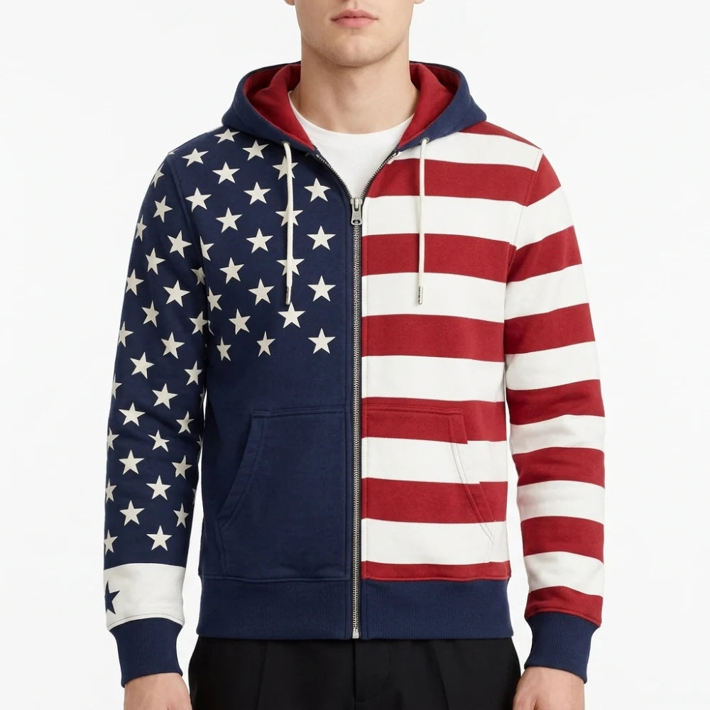 USA Patriotic Flag Print Zip Hoodie