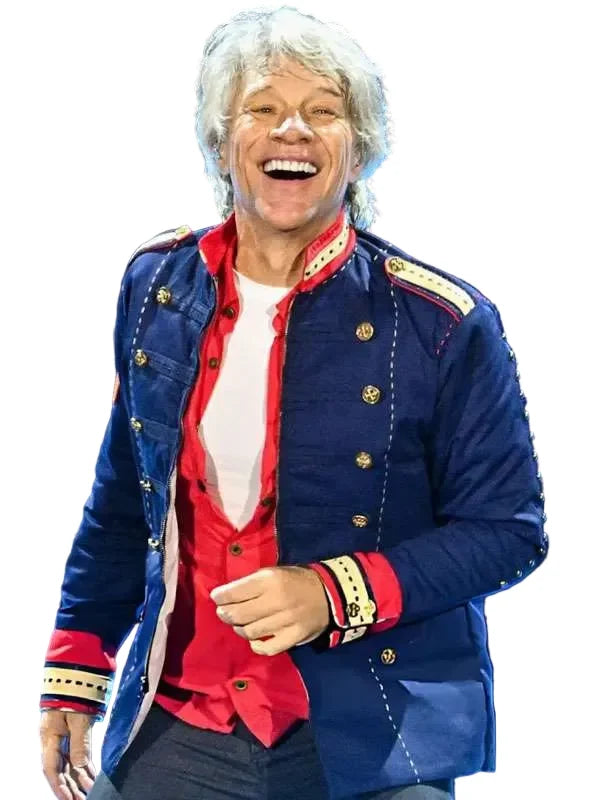 Blue military jacket with zipper closure and multiple pockets